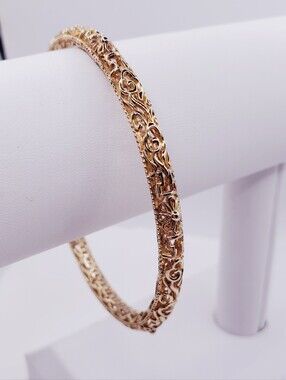 18k Yellow Gold - 925 Sterling Silver Flower Design Bangle Bracelet